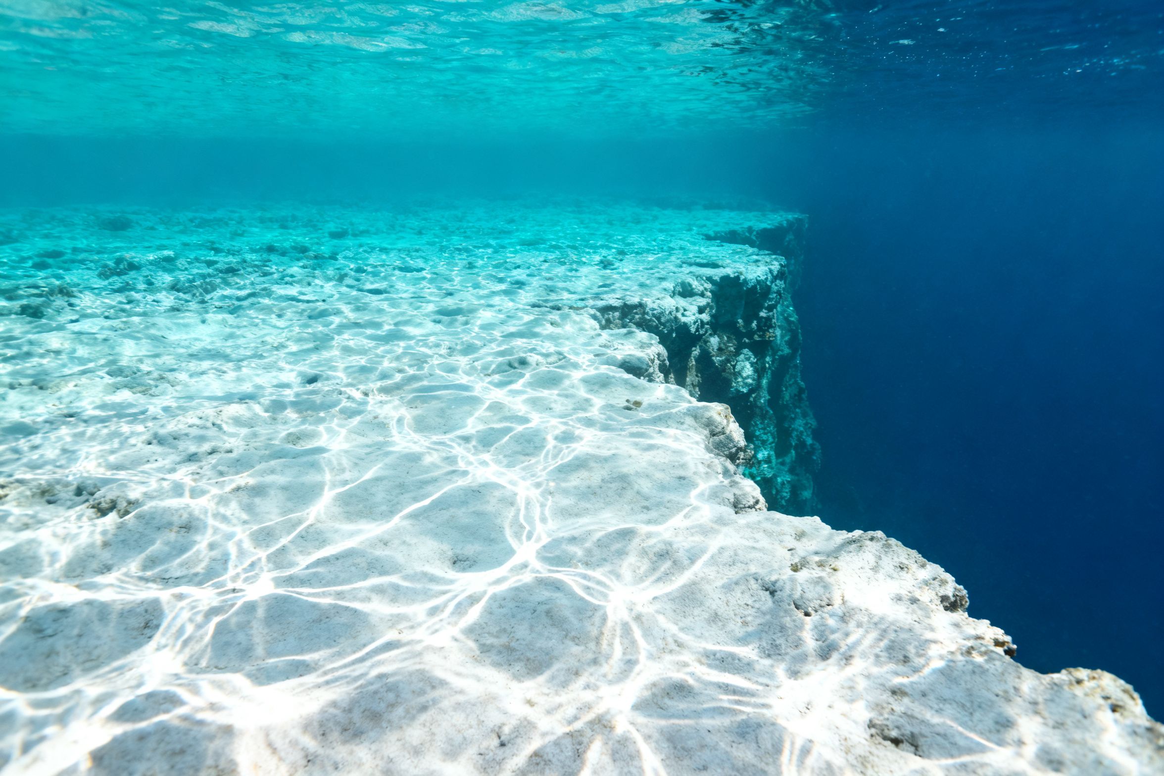 Fondo de caliza blanca de un cenote con la red de cáusticas del sol, y una caída al azul oscuro a la derecha.
