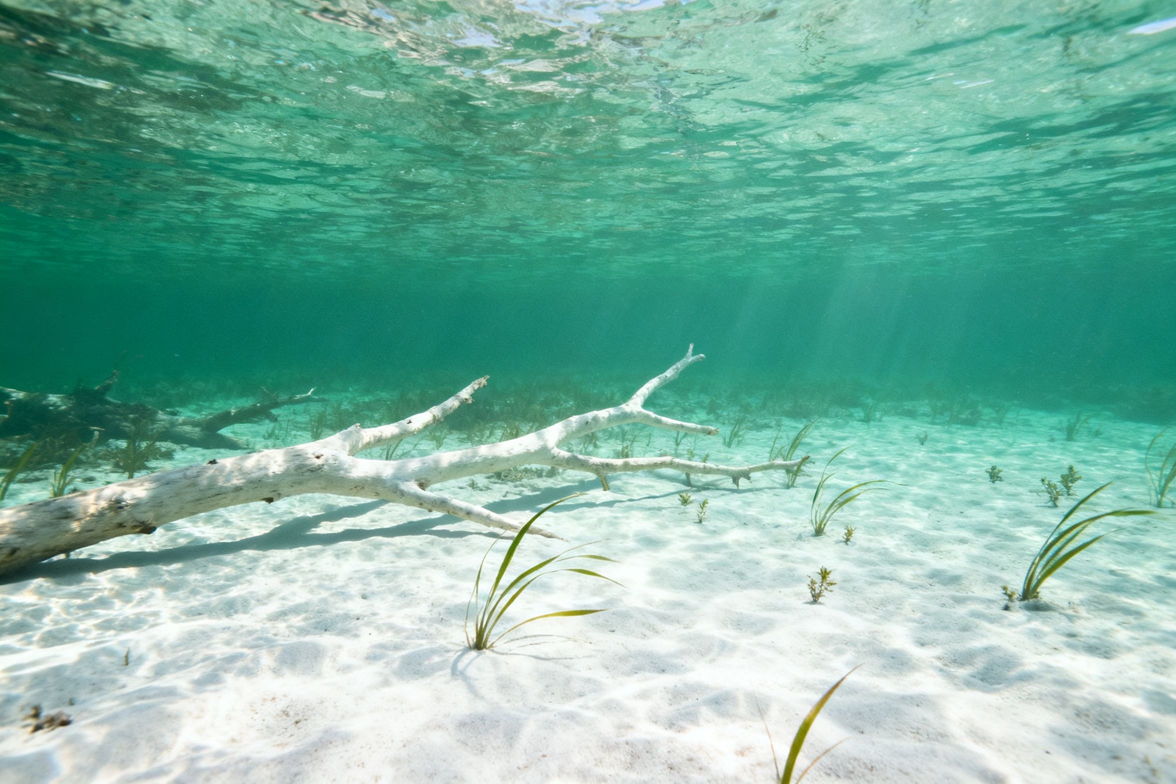Agua verde esmeralda de solo tres metros con el fondo claro visible y ramas caídas.
