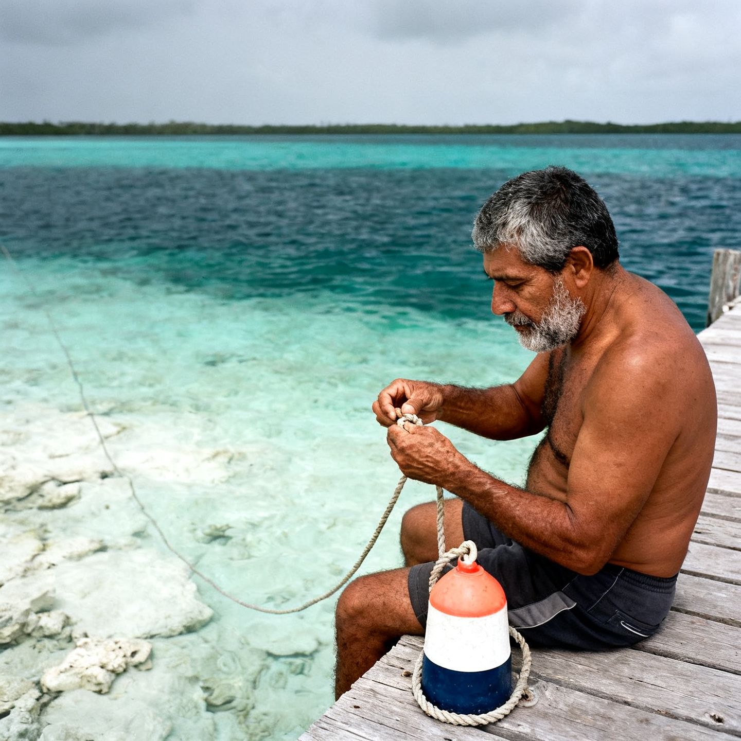 Retrato de Tomás Arriaga sentado en el muelle revisando un nudo, con una boya al lado.