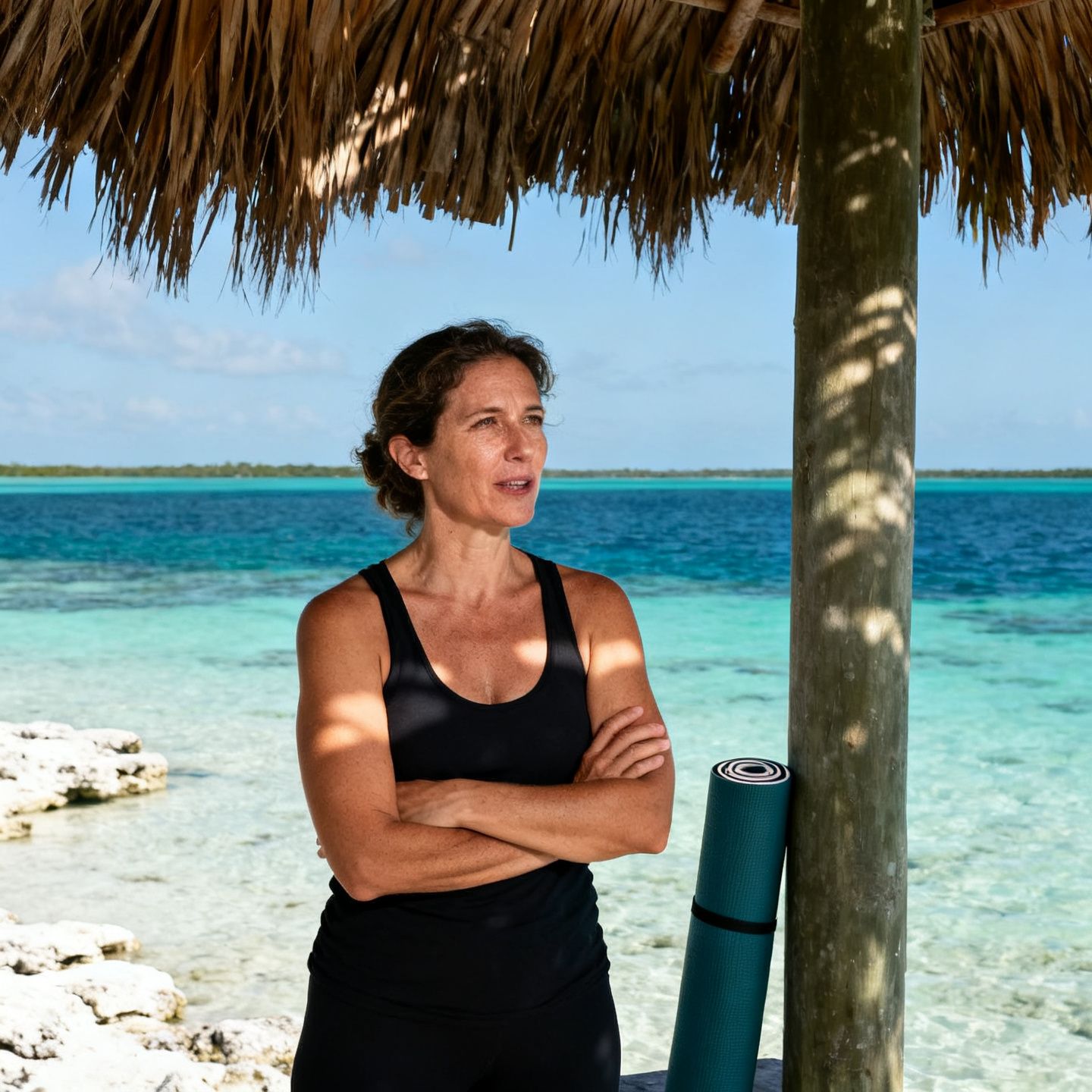Retrato de Lucía Ferrer bajo la palapa, de brazos cruzados, explicando algo.