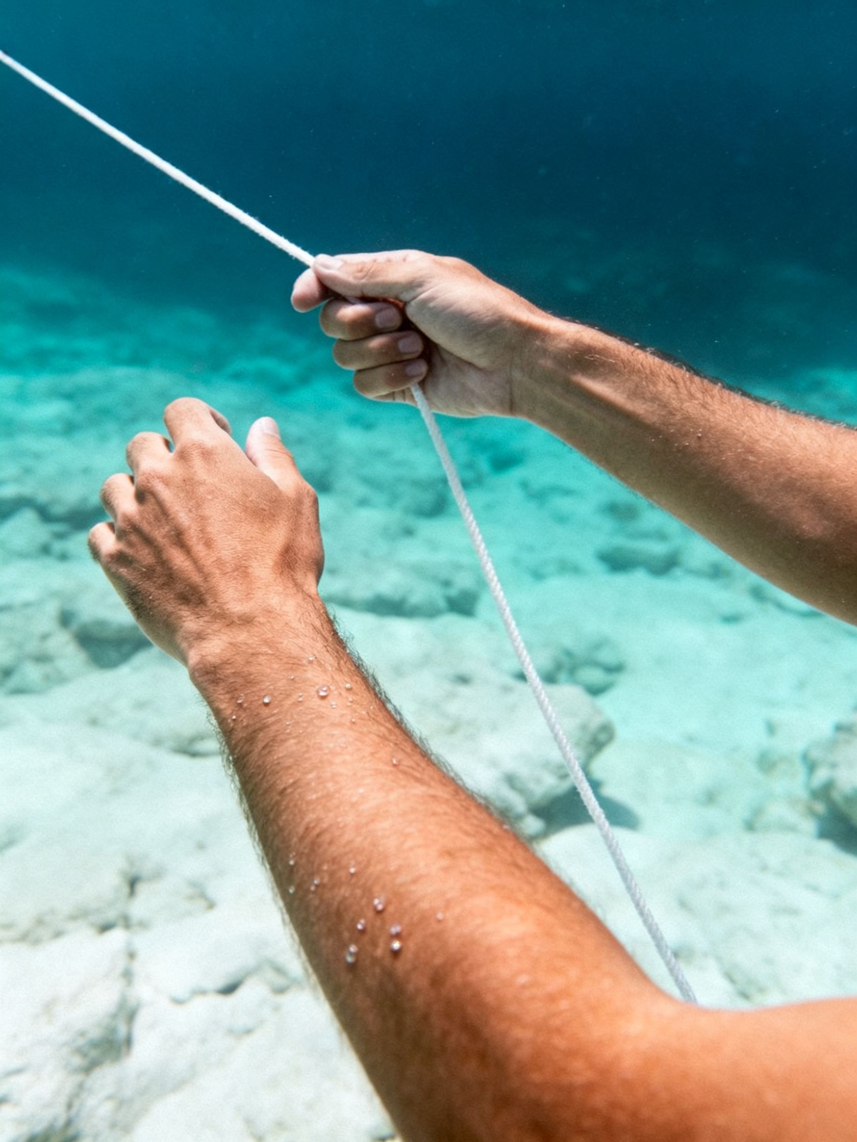 Dos manos sujetan sin fuerza un cabo blanco de descenso bajo el agua.