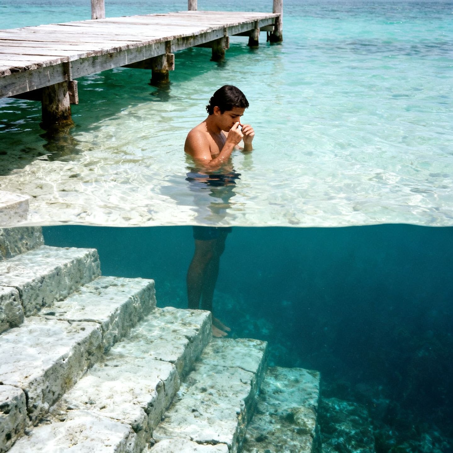 Una persona con el agua por el pecho se aprieta la nariz para compensar, junto a los escalones de un muelle.