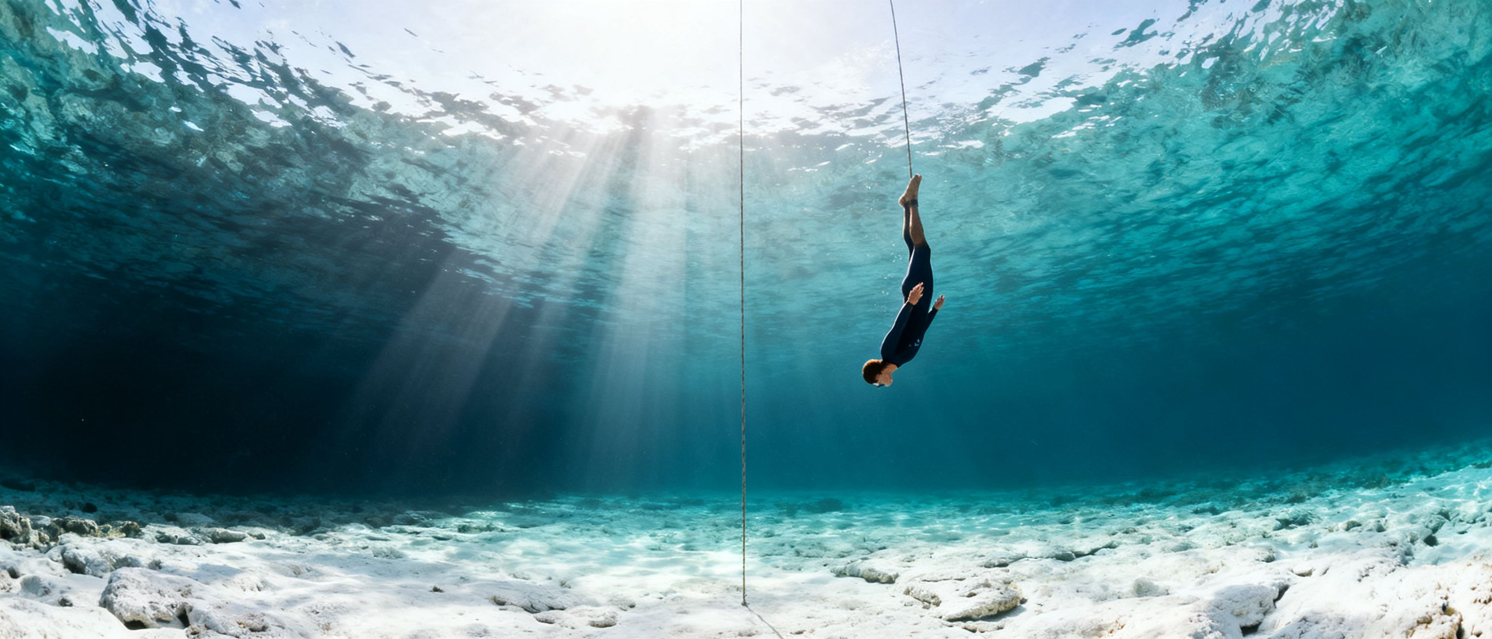 Una buceadora desciende de cabeza por un cabo vertical en agua turquesa, vista desde abajo, con haces de luz atravesando la superficie.
